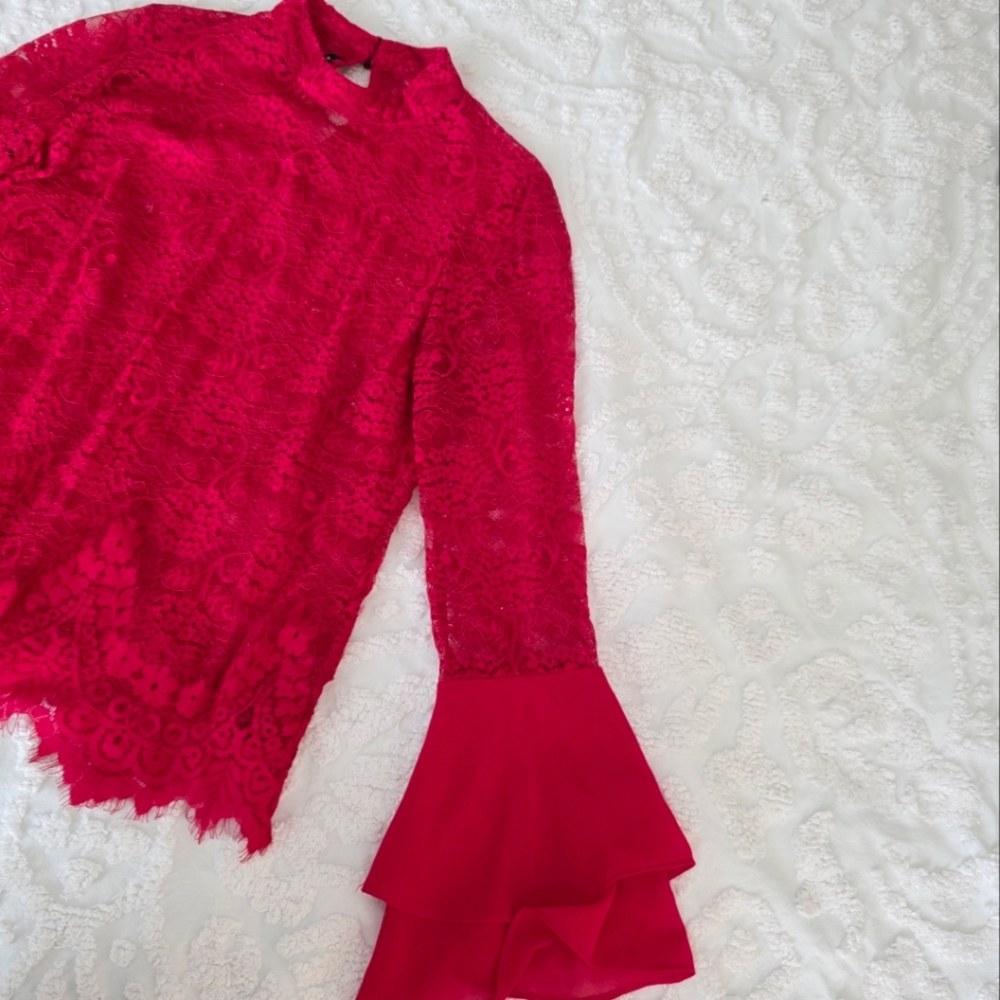 A.BYER Highneck Lace Ruffle Sleeve Blouse Womens S Red